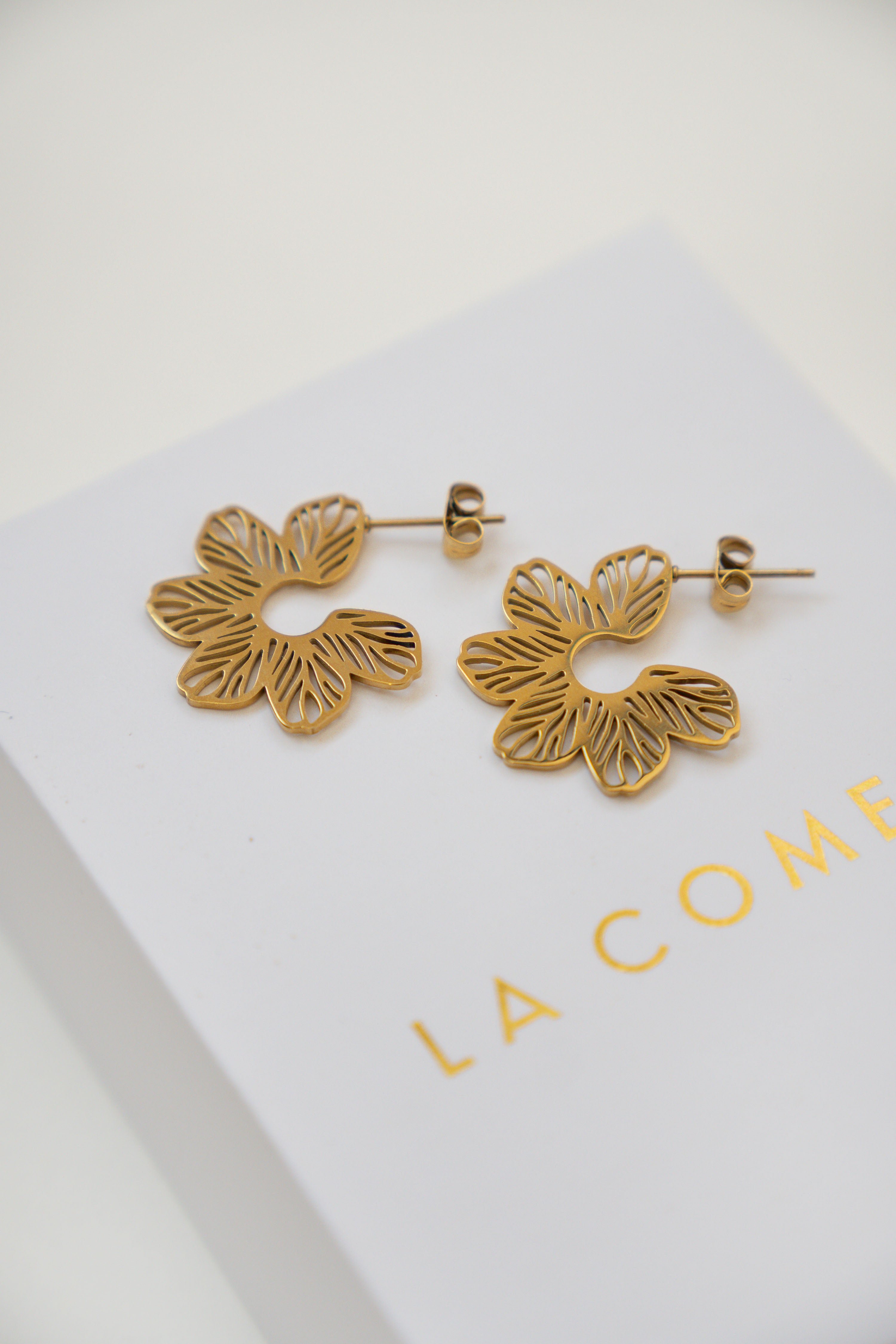 OPENWORK FLOWER HOOP EARRINGS // GOLD