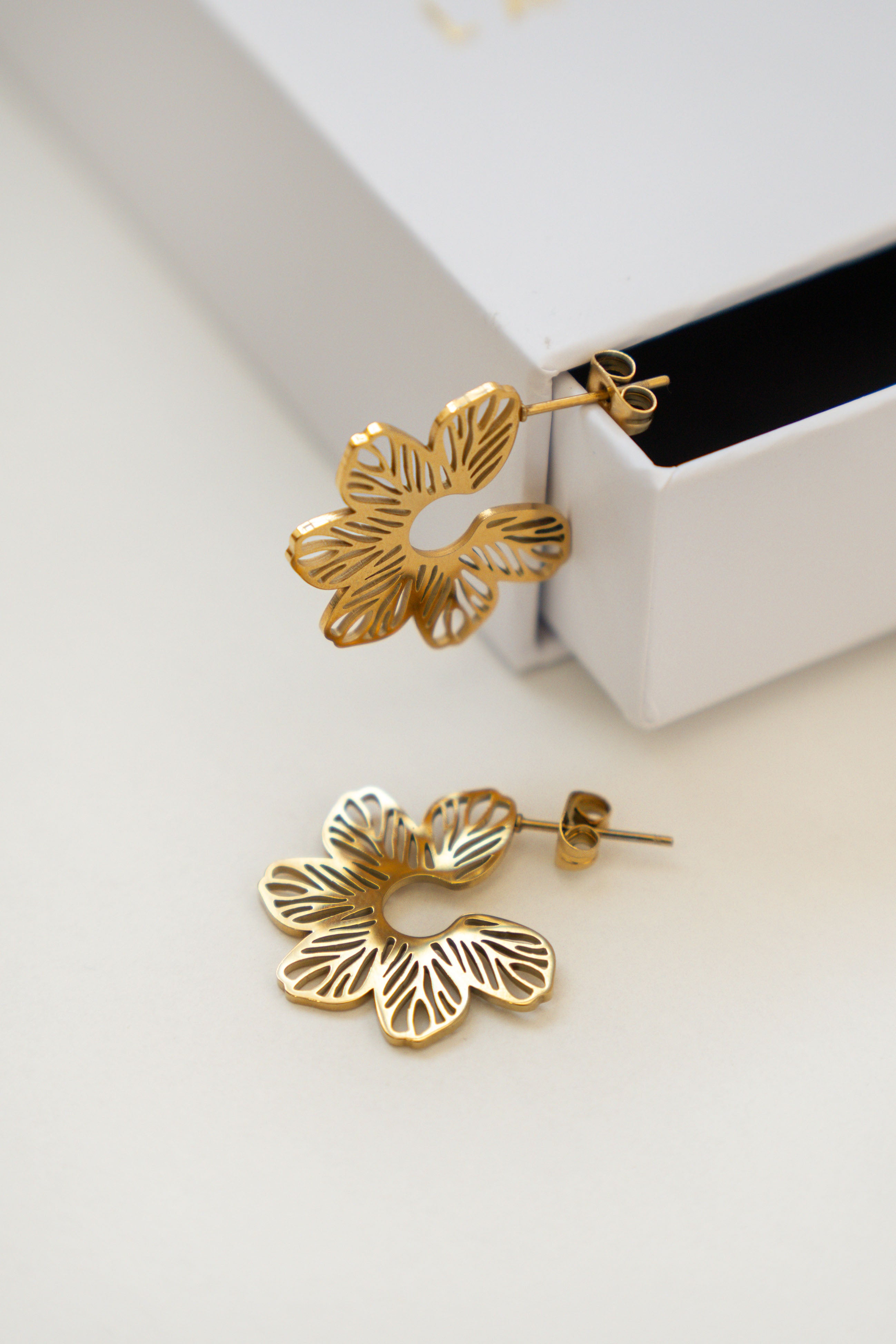 OPENWORK FLOWER HOOP EARRINGS // GOLD